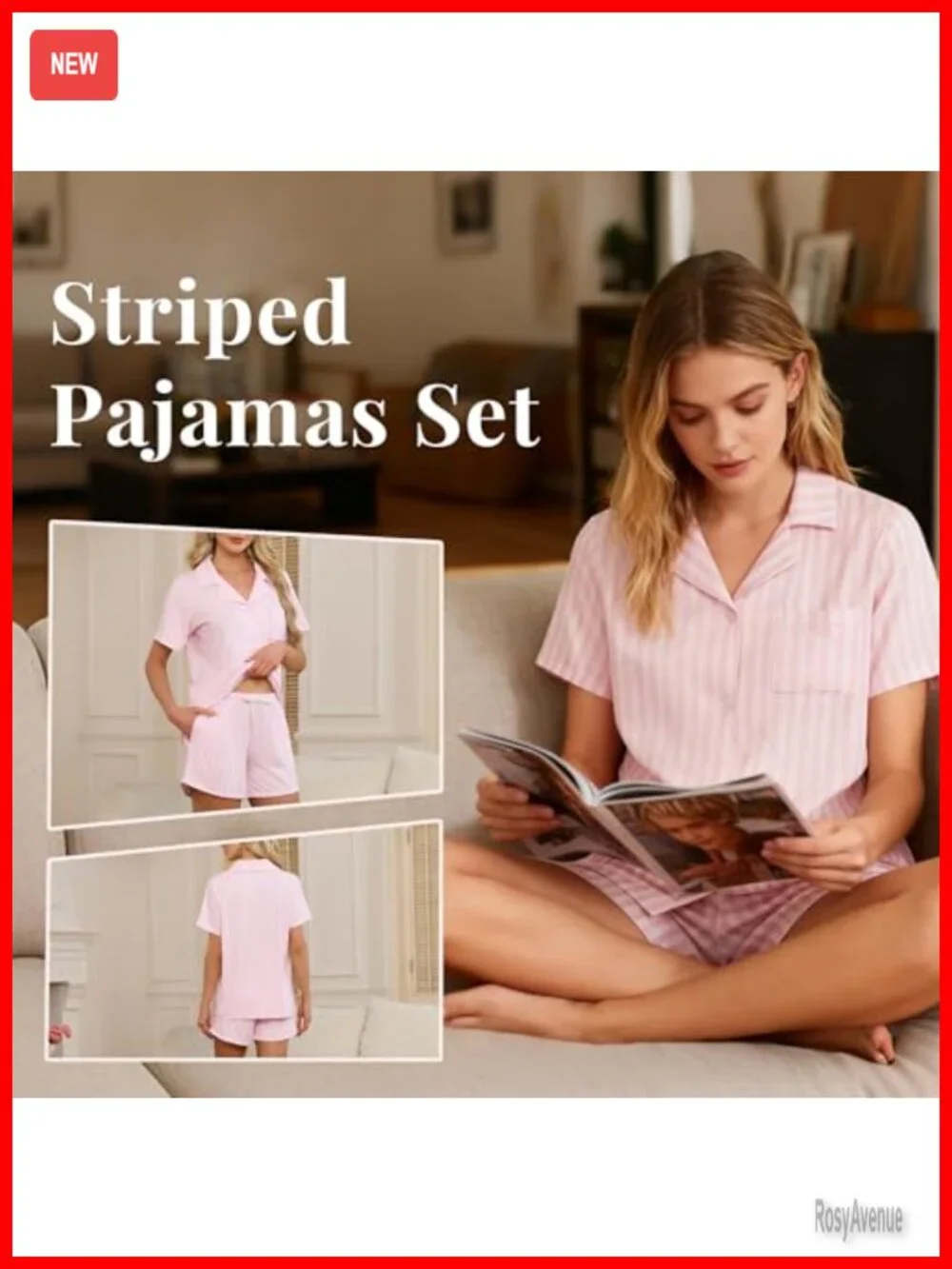 Women's Striped Pajama Set, Short Sleeve Button Down Notch Collar Sleepwear